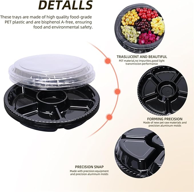 10 Pcs Plastic Appetizer Serving Tray with Lid Round 12.5 Inch with Lid Disposable Serving Fruit Veggie Catering Tray with 6 Divided Compartment for Fruit Snack Veggie Party
