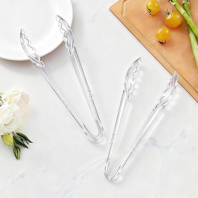 Mwellewm 12 Pc Serving Tongs 9 Inch Bulk Reusable or Disposable Plastic Tongs Heavy Duty Hard Plastic Serving Utensils Set Large Salad Tong for Kitchen Party Food Buffet Appetizer Catering (Clear）
