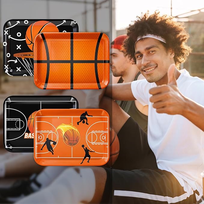 4 Pieces Basketball Serving Trays - Sports Melamine Platters Reusable Rectangle Party Trays for Basketball Sports Theme Party Food Dessert Serving Supplies, 13 x 9.7 inch