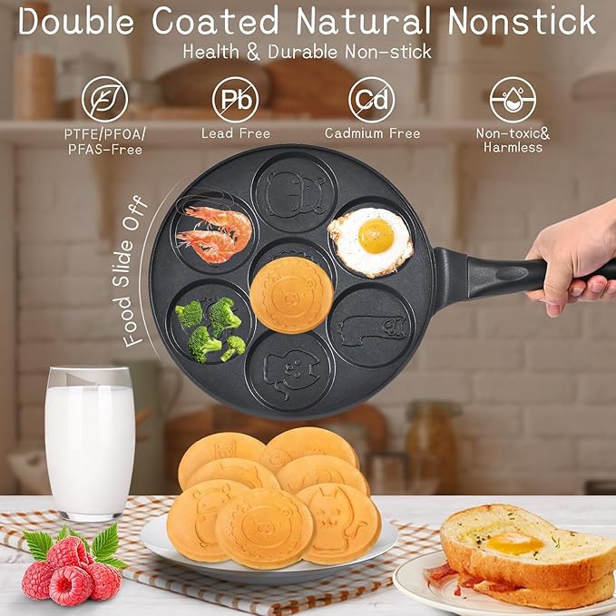 Pancake Maker Egg Frying Pan Suitable for All Stovetops & Induction Cooker, 10.5 Inch Animal Pancake Pan, 7 Molds Pancake Maker with PFOA Free Coating