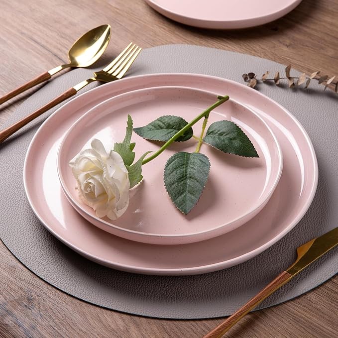 GBHOME 24-Piece Ceramic Dinnerware Set for 6, Handpainted Plates, Pasta Bowls & Bowls Set with Rustic Terracotta Underside, Scratch-Resistant, Dishwasher & Microwave Safe,Speckled Glaze Pink