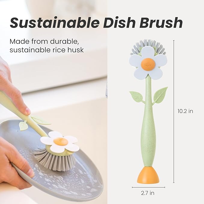 Vigar Florganic Daisy-Shaped Dish Brush, a Dish Brush with Handle, and a Dish Brush with Stand for Pot Scrubber, Kitchen Dishes, and Sink Cleaning