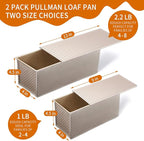 2 Pack Pullman Loaf Pan with Lid, 13x4 & 9x4 inch (2.2 lb & 1 lb Dough Capacity), Non-Stick Sandwich Bread Loaf Pan for Homemade Baking Bread, Gold