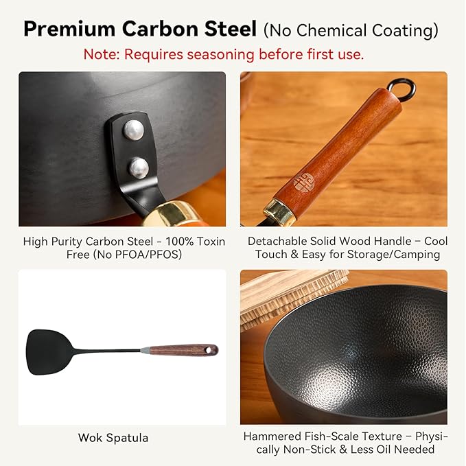 WANGYUANJI Carbon Steel Wok with Lid, 8.7" Small Mini Wok Pan, Thickened Heavy Duty Flat Bottom for Deep Frying, Camping & Solo Meals, Induction Ready, Seasoning Required, Traditional Pow Skillet