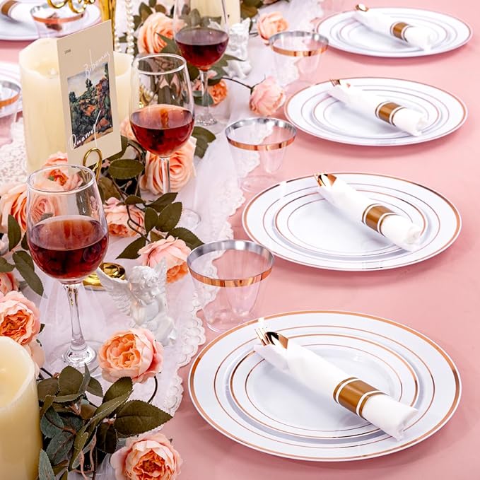 DaYammi 210PCS Rose Gold Plastic Dinnerware Set for 30 Guests, Mother's Day Plates for Party, Include: 30 Dinner Plates, 30 Dessert Platos, 30 Pre Rolled Napkins with Rose Gold Silverware, 30 Cups