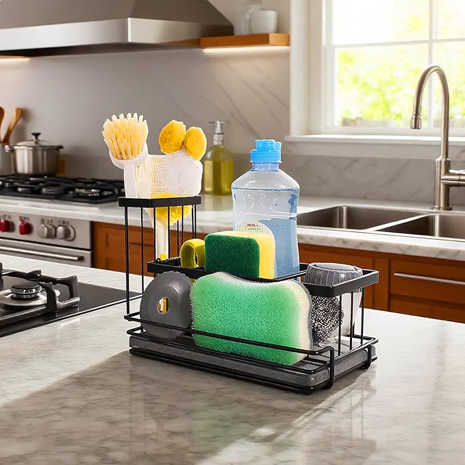 Kitchen Sink Caddy Organizer Stainless Steel Sponge Caddy with Diatomite Absorbent Mat,60s Fast Drying for Home Kitchen & Bathroom,Rustproof Storage for Sponge Soap Brush