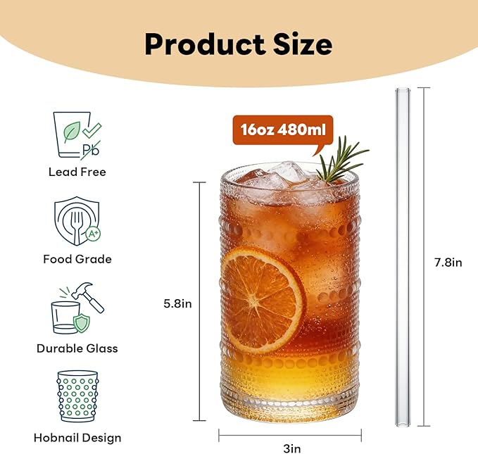 Large Hobnail Drinking Glasses Set of 6, 16oz Clear Highball Glasses Embossed Boho Water Glass Cups, Kitchen Bar Tumbler Glassware for Cocktail, Juice, Whiskey, Milk and Various Mixed Drinks