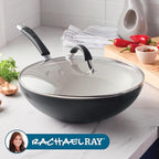 Rachael Ray Cucina Ceramic Nonstick Stir Fry Pan and Lid, 11 Inch Non Stick Wok Pan, Dishwasher Safe - Peppercorn