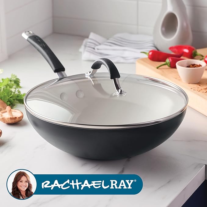 Rachael Ray Cucina Ceramic Nonstick Stir Fry Pan and Lid, 11 Inch Non Stick Wok Pan, Dishwasher Safe - Peppercorn