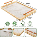 DEAYOU Bamboo Serving Tray with Handles, Marble Pattern Plastic Decorative Ottoman Tray, Large Serving Platter for Coffee Table, Breakfast, Dinner, Perfume, Kitchen Counter, Rectangle, 15.5"x11.5"
