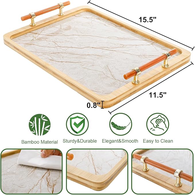 DEAYOU Bamboo Serving Tray with Handles, Marble Pattern Plastic Decorative Ottoman Tray, Large Serving Platter for Coffee Table, Breakfast, Dinner, Perfume, Kitchen Counter, Rectangle, 15.5"x11.5"