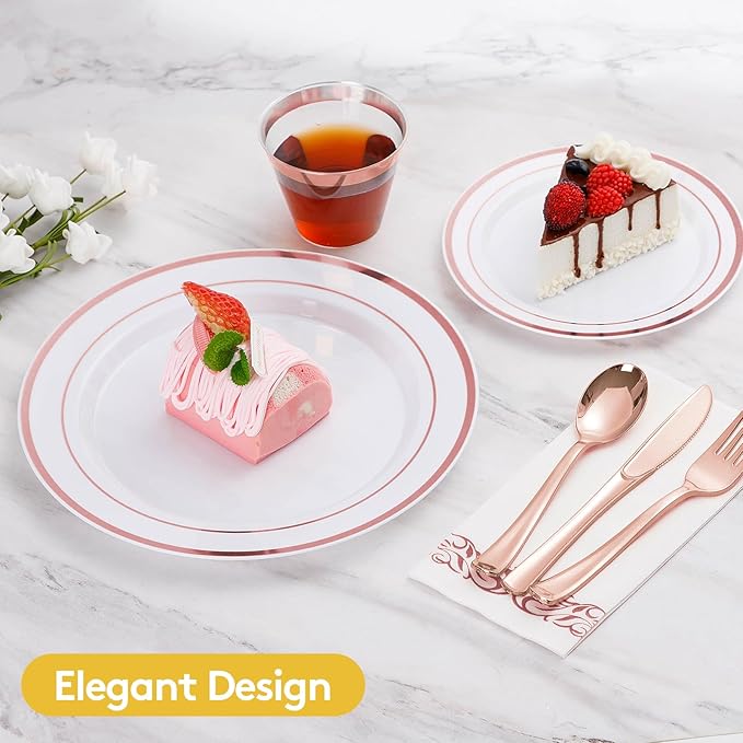 Goodluck 175 Pieces Rose Gold Dinnerware Set for 25 Guests, Plastic Plates Disposable for Party, Include: 25 Dinner Plates, 25 Dessert Plates, 25 Paper Napkins, 25 Cups, 25 Silverware Set
