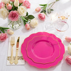 NOCCUR 175PCS Hot Pink Plastic Plates with Gold Disposable Silverware - Include 50 Hot Pink Plates,25 Knives,25 Forks,25 Spoons,25 Cups and 25 Napkins - Ideal for Party/Mother's Day