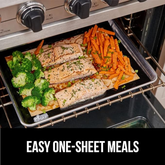 GORILLA GRIP Food Grade Reusable Nonstick Silicone Baking Mat, 16.5x11.87, Half Sheet, Oven Safe Cookie Sheet Liners, Up to 500 Degrees, No Mess Easy Clean Pastry Mats, Kitchen Essentials, 2PK, Black