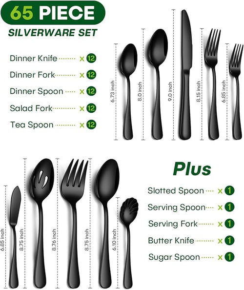 65 Piece Black Silverware Set with Serving Utensils, Stainless Steel Flatware Set for 12 Food Grade Cutlery Utensil Set Include Knife Fork Spoon Mirror Polished Dishwasher Safe