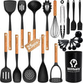 Large Silicone Kitchen Utensils Set with Holder, 25Pcs Cooking Utensil Set with Wooden Handle, Heat Resistant Spatula Sets for Cooking, BPA Free Silicone Utensils Set for Non-Stick Cookware(Black)