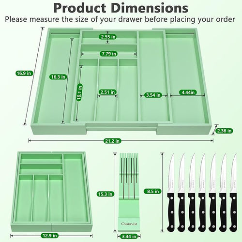9-Piece Bamboo Kitchen Drawer Organizer Set, Expandable Silverware &Utensil Organizer with Removable Knife Block & Steak Knives, Flatware Organization, Tableware Dividers Storage(Cyan)