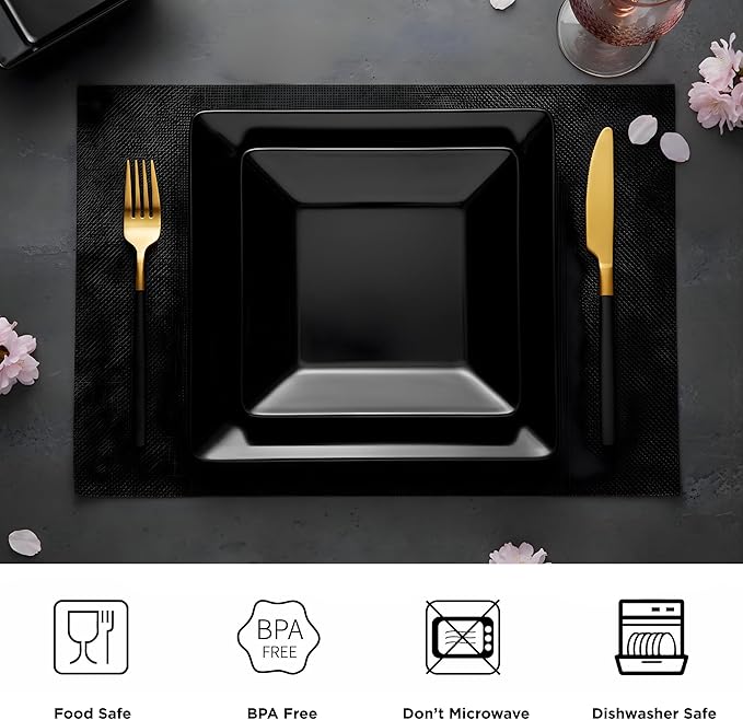 TP 12-Piece Melamine Dinnerware Sets, Plates and Bowls Dishes Set for 4, Break-Resistant & Non-Microwavable, Lightweight Square Dinner Plates, Black