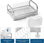 Extra Small Dish Drying Rack, 304 Stainless Steel Plate Rack for Cabinet, Dish Rack for Kitchen Counter w Cutlery Holder, Dish Drainer w Drainboard Save Space, Pot Lid Organizer for Cabinet