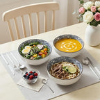 QINLANG Large Soup Bowls, Pho & Ramen Set of 3, 60 oz Blue & White Porcelain - Wave Pattern