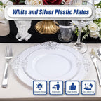 Hioasis 300pcs White and Silver Plastic Plates - Disposable Dinnerware Set Suitable for 50 Guests Include 10.25" Dinner & 7.5" Dessert Plates,Silverware Set, Cups for Weddingr(NO Napkins Included)