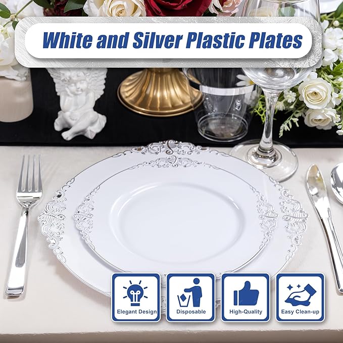 Hioasis 300pcs White and Silver Plastic Plates - Disposable Dinnerware Set Suitable for 50 Guests Include 10.25" Dinner & 7.5" Dessert Plates,Silverware Set, Cups for Weddingr(NO Napkins Included)