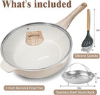 AOSION 11 Inch Nonstick Ceramic Deep Frying Pan Skille with Lid,5QT Sauté Pan for Cooking with Steam Rack,Healthy Large Skillet,Stay Cool Handle, Induction Compatible, PFOA & PFAS Free.(WHITE)