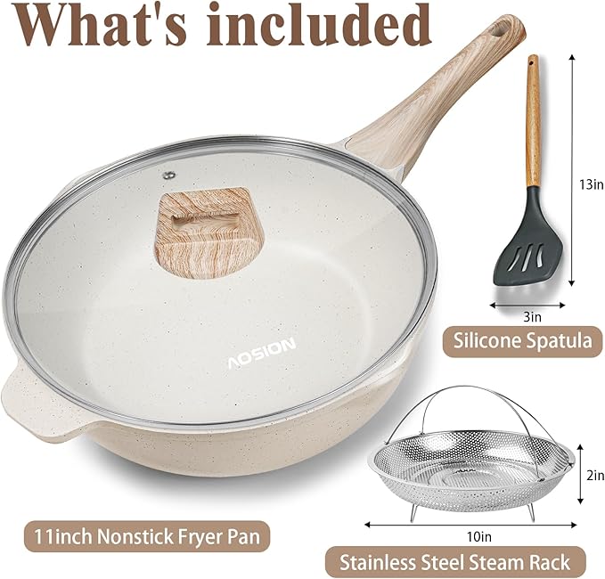 AOSION 11 Inch Nonstick Ceramic Deep Frying Pan Skille with Lid,5QT Sauté Pan for Cooking with Steam Rack,Healthy Large Skillet,Stay Cool Handle, Induction Compatible, PFOA & PFAS Free.(WHITE)