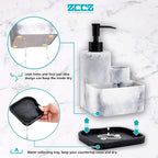 ZCCZ White Soap Dispenser with Sponge Holder, Kitchen Soap Dispenser Pump, Sponge Caddy and Brush Holder 3 in 1 Set Organizer for Sink Countertop, Removable Tray, Marble Look (Brush NOT Included)