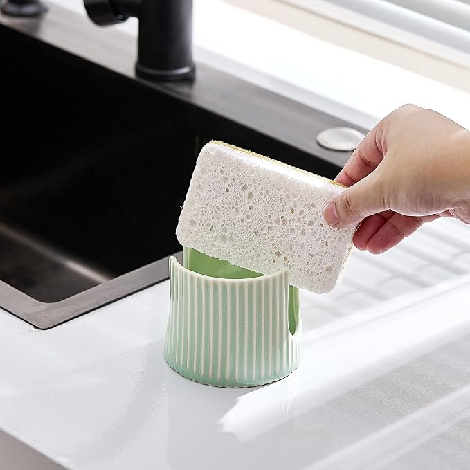 Ceramic Sponge Holder for Kitchen Sink, Sink Caddy Organizer,Dish Sponge Holder for Bathroom, Kitchen,Sink,Farmhouse Kitchen soap Holder and Sink Accessories for countertop,(vingreen)