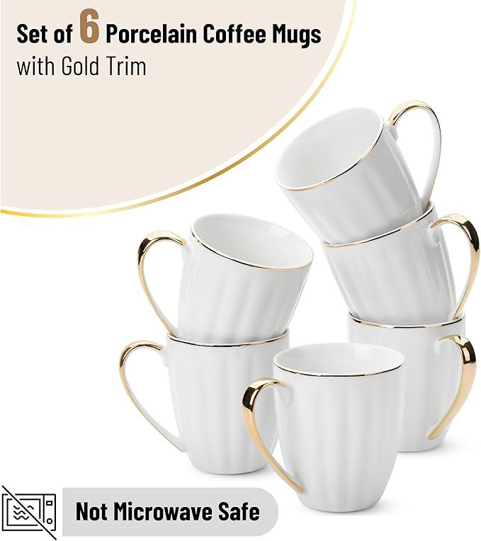 BTaT- White Coffee Mugs Set of 6 (12 oz), Porcelain White Coffee Mug Set with Gold Trim Design