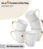 BTaT- White Coffee Mugs Set of 6 (12 oz), Porcelain White Coffee Mug Set with Gold Trim Design