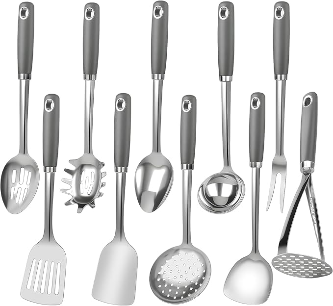 10 Piece Stainless Steel Cooking Utensils Set - 18/0 Heavy Duty Kitchen Tools for Grilling & Serving (Grey)