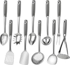10 Piece Stainless Steel Cooking Utensils Set - 18/0 Heavy Duty Kitchen Tools for Grilling & Serving (Grey)