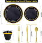 WELLIFE 350PCS Black and Gold Plastic Plates - Plastic Dinnerware Set for 50 Guests,Include 50 Dinner Plates, 50 Dessert Plates, 50 Black Cups 9 OZ, 50 Pre Rolled Napkins with Gold Silverware