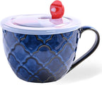 Ceramic Soup Mugs with Handles, 24 oz Microwave Safe Soup Mug/Cup with Lid, Large Soup Mug for Coffee, Cereal, Oatmeal, Salad, Ramen, Noodle, Soup, Housewarming Wedding Gift, Reactive Glaze Blue