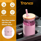 Tronco 20 oz Glass Tumbler with Lid and Straw, Iced Coffee Cup and Smoothie Cup with Bamboo Lids & Protective Silicone Sleeve, Dishwasher Safe, BPA-Free, Pink 1 Pack