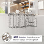 SWTYMIKI Sponge Holder for Kitchen Sink - Movable Kitchen Sink Caddy with M Shape Hook Stainless Steel Hanging Sponges Caddy Organizer in Double Bowl Sinks Depth>3.15in, Middle divider<1.5in, Silver L