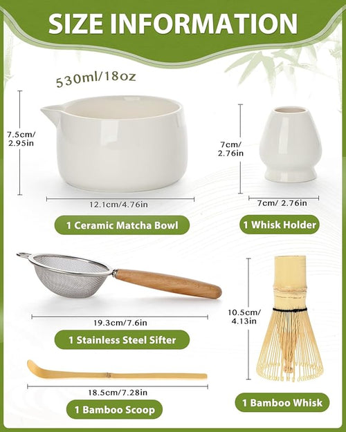 20OZ Matcha Whisk Set - 5PCS Matcha Kit Includes Ceramic Bowl with Spout, Bamboo Whisk with Holder, Bamboo Scoop and Sifter, Matcha Set for Ceremony, Gift for Matcha Lovers (White)