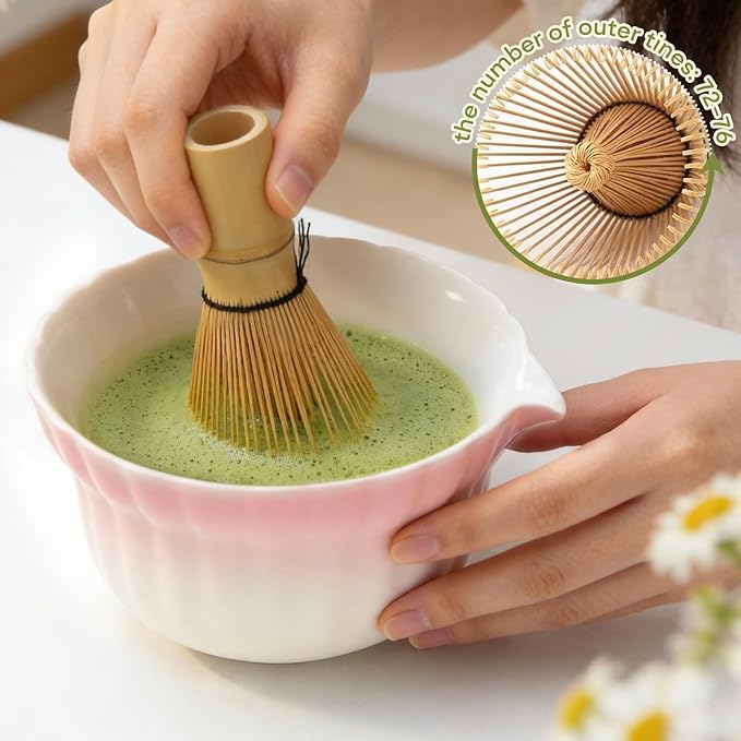 Matcha Whisk set, Matcha Set with Daisy Matcha Bowl & Mushroom Whisk Holder, Complete Matcha Kit with Whisk, Sifter, Chashaku, 5 Pcs Bamboo Tea Mat, Ideal Gift for Matcha Lovers, Pink