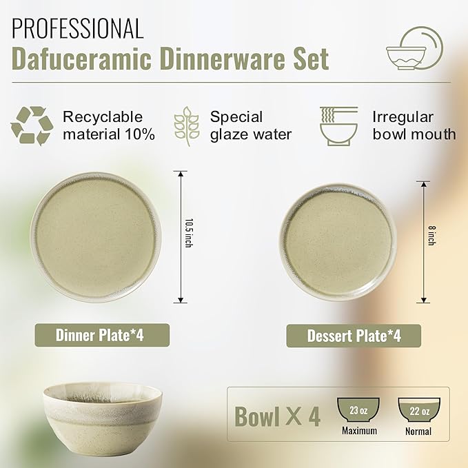 Dafuceramic Plates and Bowls Sets, 12 Pieces Grass Green Dinnerware Sets for Kitchen, Reactive Glaze Dishes Set for 4, Dishwasher and Microwave Safe, Series Starflecked Shore (Grass Green)