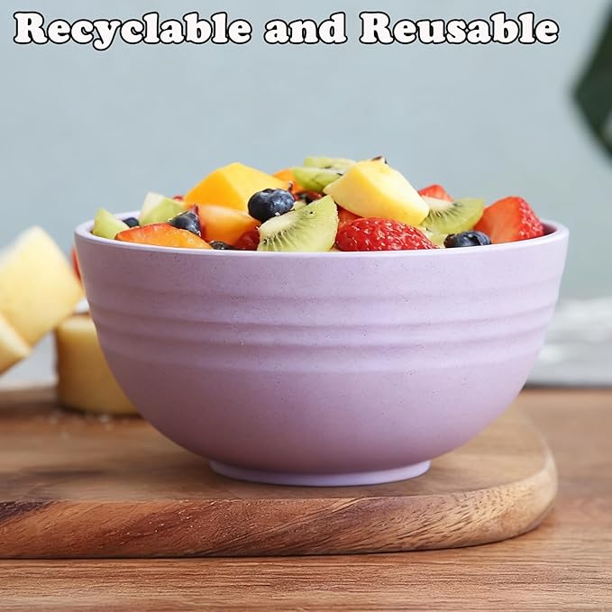 Unbreakable Wheat Straw Cereal Bowls Set of 4, 24 OZ Microwave and Dishwasher Safe Lightweight Soup and Salad Bowl Sets, Reusable Dessert Bowls for Rice, Pasta, Snack, Fruit, BPA Free (Purple)