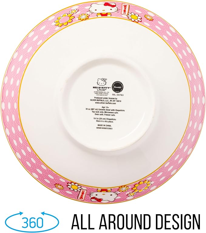 Silver Buffalo Sanrio Hello Kitty Pink and Gold Japanese Pattern with Flowers Ceramic Ramen Noodle Rice Bowl with Chopsticks, Microwave Safe, 30 Ounces