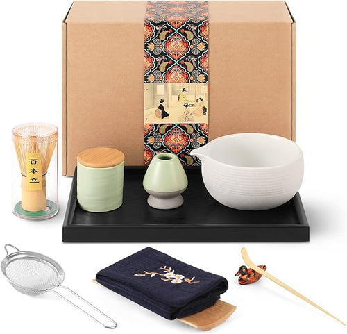 Artcome Japanese Matcha Tea Set, Matcha Bowl with Pouring Spout, Black Tea Tray, Matcha Whisk, Ceramic Whisk Holder, Matcha Powder Caddy, Handmade Matcha Ceremony Kit For Japanese Tea Ceremony (10Pcs)