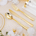 700 Pieces Gold Dinnerware Set - 100 Guests Clear Disposable Dinnerware Set for Party, Wedding, Include: 200 Clear Plates with Gold Trim, 100 Cups, 100 Napkins, 100 Plastic Silverware Sets