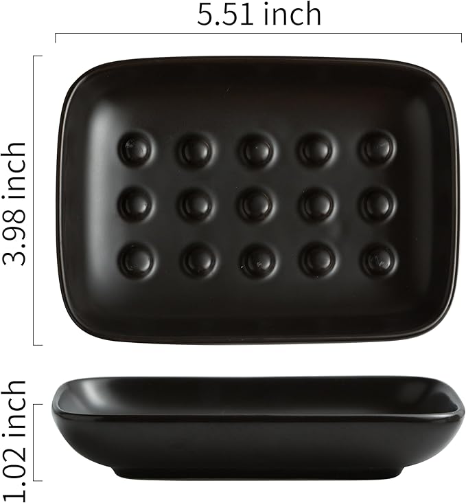 Miamolo Soap Dish, Ceramic Soap Holder Shower Soap Dish for Bar Soap Sponge, Soap Saver Tray for Bathroom Kitchen Sink, Black (Pack of 2)