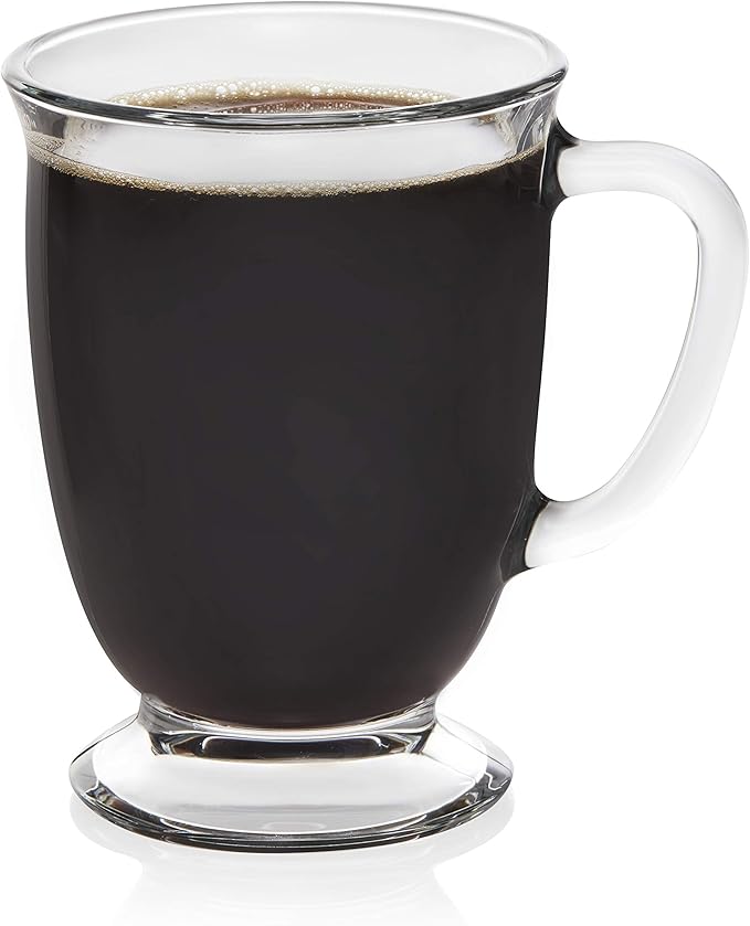 Libbey Kona Glass Coffee Mugs Set of 6, Elegant 16 Ounce Clear Tea Cup Set , Dishwasher Safe Glass Mugs with Handles for Tea, Coffee,and Espresso
