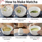 8 Pcs Matcha Whisk Set, HTRCXB Matcha Set with Ceramic Bowl, Bamboo Whisk & Holder, Scoop, Sifter, Measuring Spoon, Scoop Rest & Tea Towel, Complete Set for Beginners & Tea Lovers (Ceramic, White)