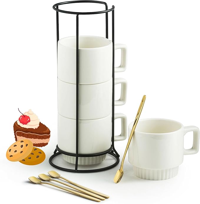Miamolo Coffee Mugs Set of 4, Stackable Coffee Cups with Holder Spoons 11oz Ceramic Espresso Cup for Cappuccino Latte Tea Drinks, Dishwasher & Microwave Safe, White