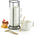 Miamolo Coffee Mugs Set of 4, Stackable Coffee Cups with Holder Spoons 11oz Ceramic Espresso Cup for Cappuccino Latte Tea Drinks, Dishwasher & Microwave Safe, White